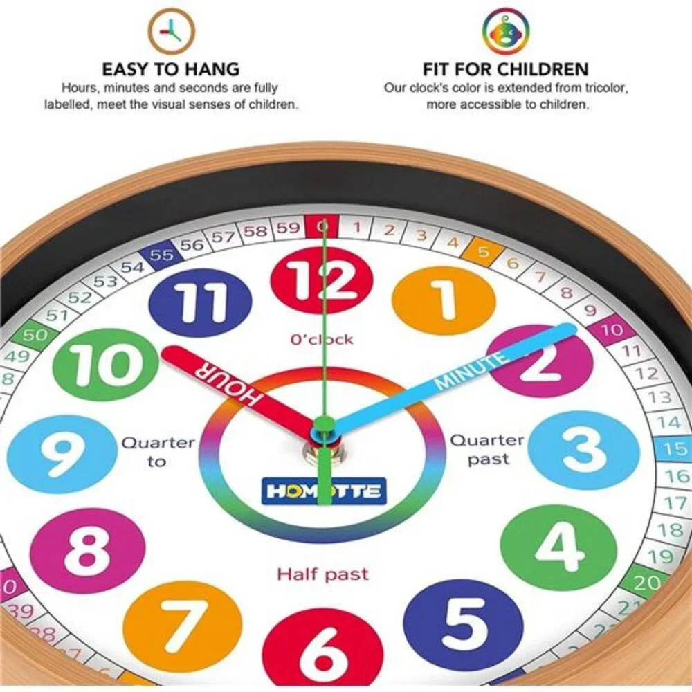 Kids Wall Clock for Bedroom, 10 inch Round Multi-Colored Learning